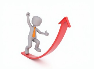 3d man red arrow success chart on white background.