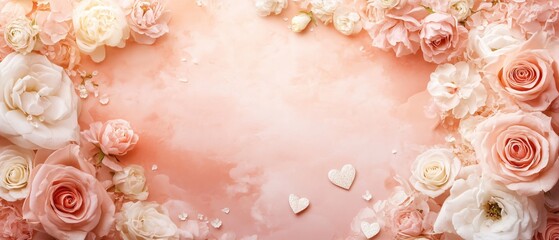 Fototapeta premium Romantic Peach Roses and Hearts Wedding Background Design