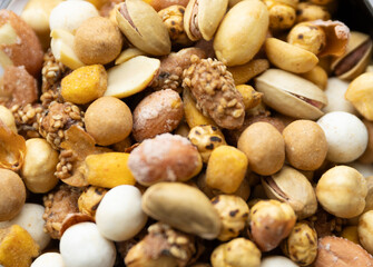 organic almond pistachio nut bean healthy snack food ingredient in bowl for protein healthy food...