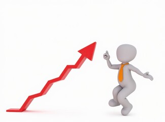 3d man red arrow success chart on white background.