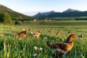 Fototapeta premium A peaceful scene showing chickens roaming in a lush green meadow, with distant rolling hills and mountains creating a serene backdrop for a pastoral life.