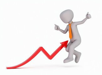 3d man red arrow success chart on white background.