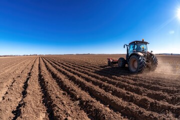 Obraz premium A powerful tractor plows a rich, brown field under a brilliant blue sky, leaving distinct rows of soil, showcasing the beauty of modern agriculture in action.