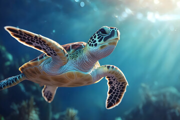Obraz premium Graceful Sea Turtle Swimming Through Clear Ocean Water