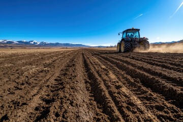 Obraz premium A tractor leaves its mark on fertile soil, embodying the integration of technology in agriculture and the vital role of hard work in yielding agricultural prosperity.