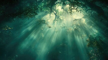 Obraz premium Overhead shot of a forest canopy with sunlight streaming through green leaves.