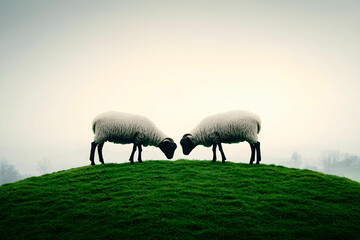 Fototapeta premium Two Sheep Arching Heads on Green Hill Under Foggy Sky