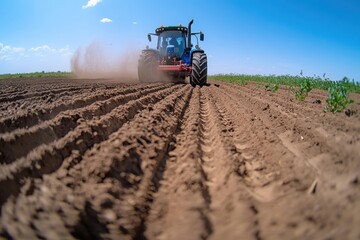 Obraz premium A blue tractor is tilling rich soil on a sunny day, creating neat rows and dust clouds, showcasing the essence of modern agriculture and farming practices.