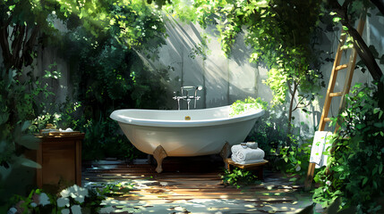 Outdoor bathtub, private retreat, hidden among trees offers a secluded sanctuary for a calming and intimate soak. Hidden Sanctuary. Illustration