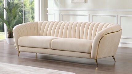Elegant Cream Velvet Sofa Gold Accents Modern Living Room Furniture