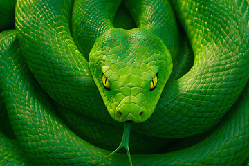 Obraz premium Close-Up of Vibrant Green Snake with Striking Yellow Eyes