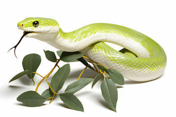 Obraz premium Green Snake on Leafy Branch in Bright Studio Setting
