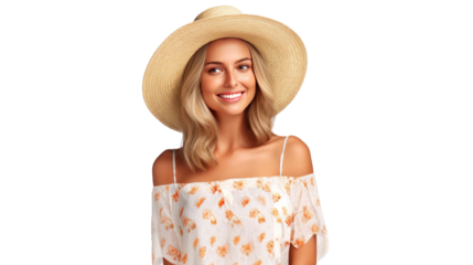 Happy woman wearing straw hat and summer  isolated on a transparent background