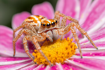 Close-Up View of a Colorful Spider on a Vibrant Pink Flower Petal
