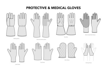 Set of Gloves - Protective Medical Fashion with names hand accessory clothing technical illustration garment. Vector for Men, women, unisex flat template CAD cartoon style isolated on white background