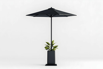 Modern black outdoor umbrella with potted plant on white backdrop