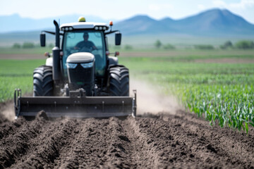 Obraz premium This dynamic image captures a tractor plowing neat rows of dark soil in an agricultural setting, symbolizing hard work, dedication, and modern farming techniques.