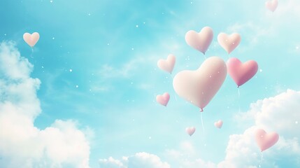 Heart-shaped balloons in pink and white floating in the sky with clouds.Valentine’s Day celebrations, event promotions, and romantic marketing materials.Joy. Freedom. Romance soaring high in the clear