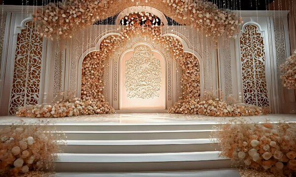 A lavish wedding stage adorned with floral arrangements and elegant decor.