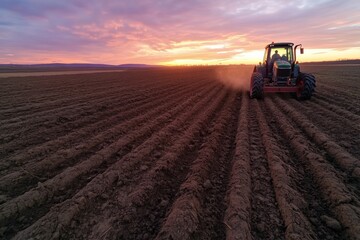 Fototapeta premium A vibrant sunset casts beautiful colors over a farmer's field as a tractor meticulously tills the soil, preparing it for planting in a serene rural landscape.