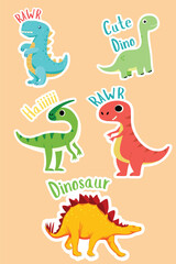 Colourful stickers dinosaur set on orange background