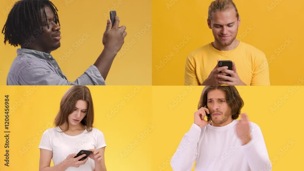 Poster Four individuals are focused on their smartphones, each displaying different expressions and reactions. The vibrant yellow backdrop adds a lively atmosphere to the moment.