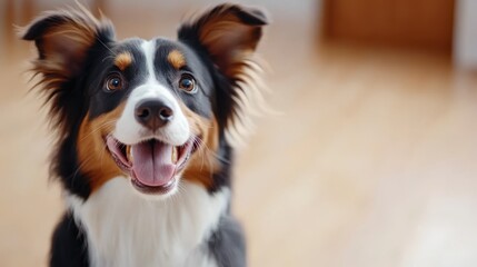 Fototapeta premium Border collie eagerly awaits meal by its food bowl in sunny home