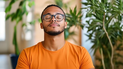 Practicing deep breathing in a tranquil indoor garden setting