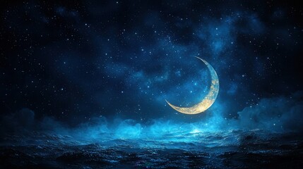 Fototapeta premium Crescent Moon over City at Night A Serene Nightscape