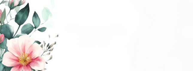 Fototapeta premium Watercolor Floral Design with Pink Flowers and Green Leaves