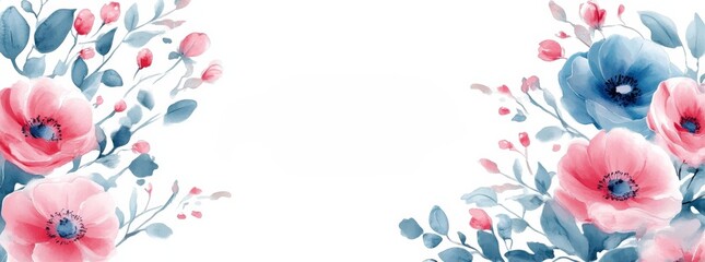 Watercolor Floral Border with Pink and Blue Flowers for Invitations