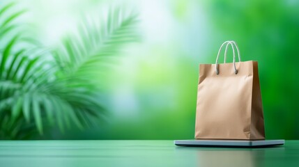 Simple still life, brown paper bag on wooden table with green backdrop brown