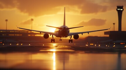 Golden sunset welcomes landing plane at vibrant airport skyline