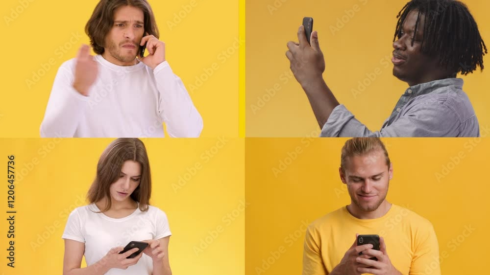 Poster Four people engage with their smartphones, each displaying different emotions and expressions. The bright yellow backdrop enhances the lively atmosphere of their interactions.