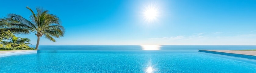 Obraz premium Luxury poolside oasis, tranquil escape with breathtaking ocean views and swaying palm trees