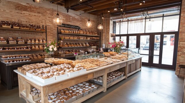Cozy bakery interior showcasing a variety of pastries and desserts with natural light