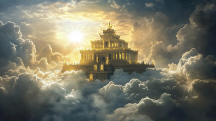 Fototapeta premium A mystical scene outside an airplane window, a massive ancient temple floating on top of fluffy clouds, glowing runes adorning its surface