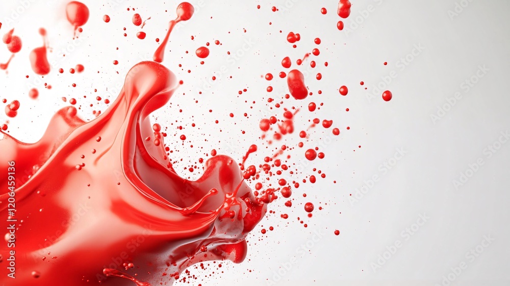 Poster red liquid splashing and making droplets on white background