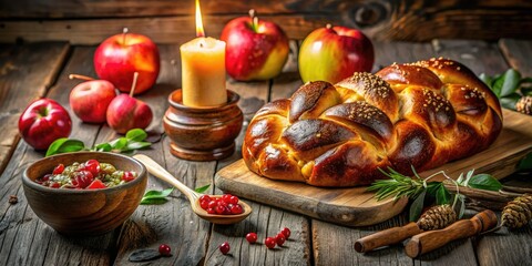 Fototapeta premium Autumn's bounty: tilt-shift challah, honeyed apples, pomegranate jewels, and flickering candlelight.