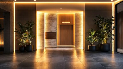 Modern lobby with warm lighting and greenery