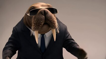Humorous walrus in suit interacts with surprised person during playful exchange