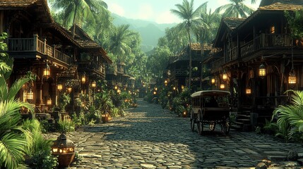 Obraz premium Serene Tropical Village Street Lined with Wooden Houses and Palm Trees at Dusk Illuminated with Hanging Lanterns Creating a Peaceful Atmosphere for Visitors