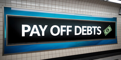 Pay Off Debts Modern Subway Billboard with Clean Black and Blue Design and Dollar Graphic, Debt-Free Message
