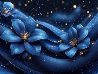 Elegant Blue Sparkle Flowers on Dark Blue Fabric Festive Background