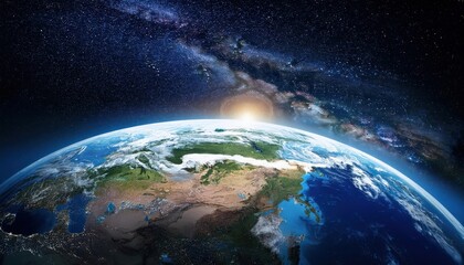 Fototapeta premium A stunning high-resolution photograph of Earth from space, showcasing the planet’s vibrant blues, whites, and greens, with the vastness of space in the background, highlighting Earth’s beauty and frag