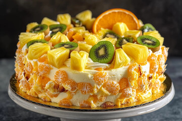 Fresh fruit cake decorated with pineapple, mandarin oranges, and kiwi on a white serving plate
