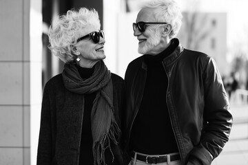 bw photo of An elderly couple standing in front of a modern art gallery on Valentine's Day