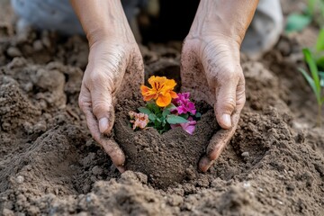 Two hands hold freshly turned soil with vibrant orange and pink flowers, symbolizing hope and the joy of gardening and nurturing nature's beauty.