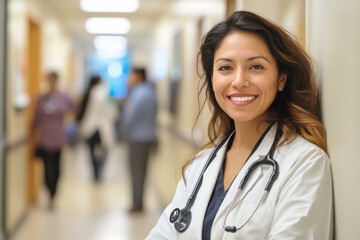 Obraz premium A Hispanic female doctor leans against a wall in a busy hospital hallway as she smiles and looks directly at the camera.