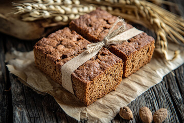 Freshly baked gingerbread squares with rustic presentation on wooden surface